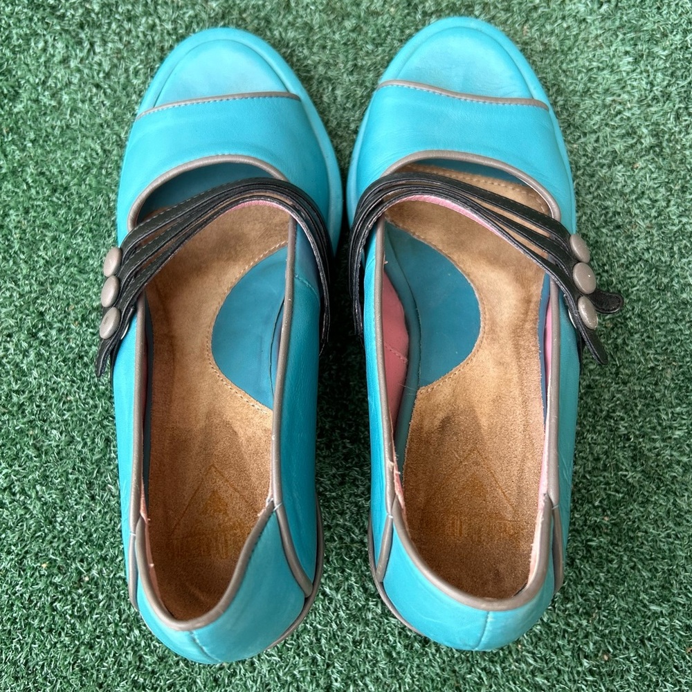 John Fluevog Vintage Miss April Peep Toe Wedge Heel Leather Turquoise Black 7 - Picture 9 of 13